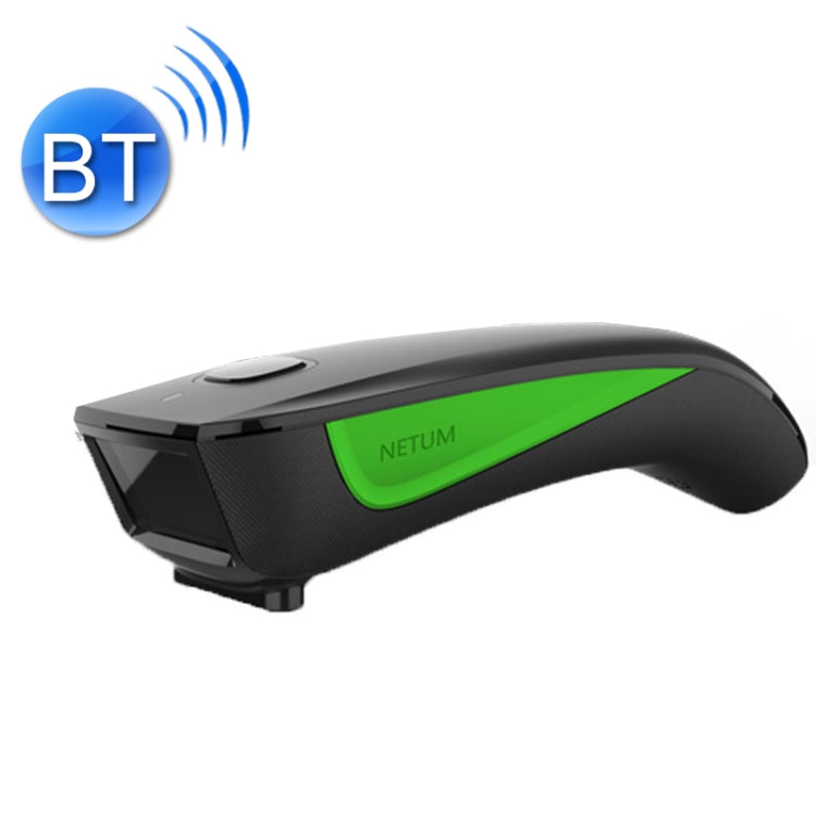 Portable wireless barcode scanner with green accent panel and black body.