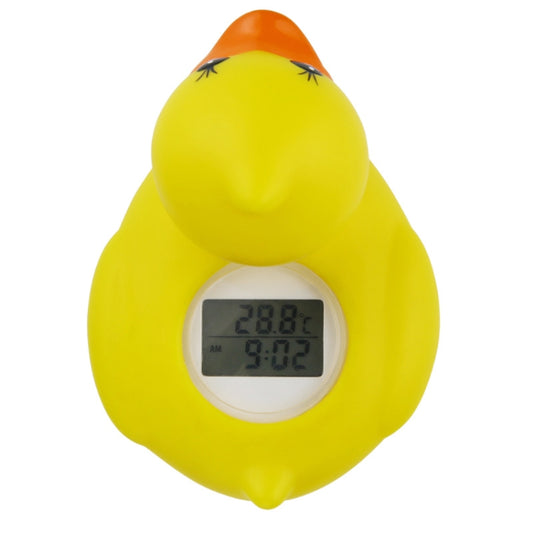 Yellow duck bath thermometer with orange beak and front LCD screen