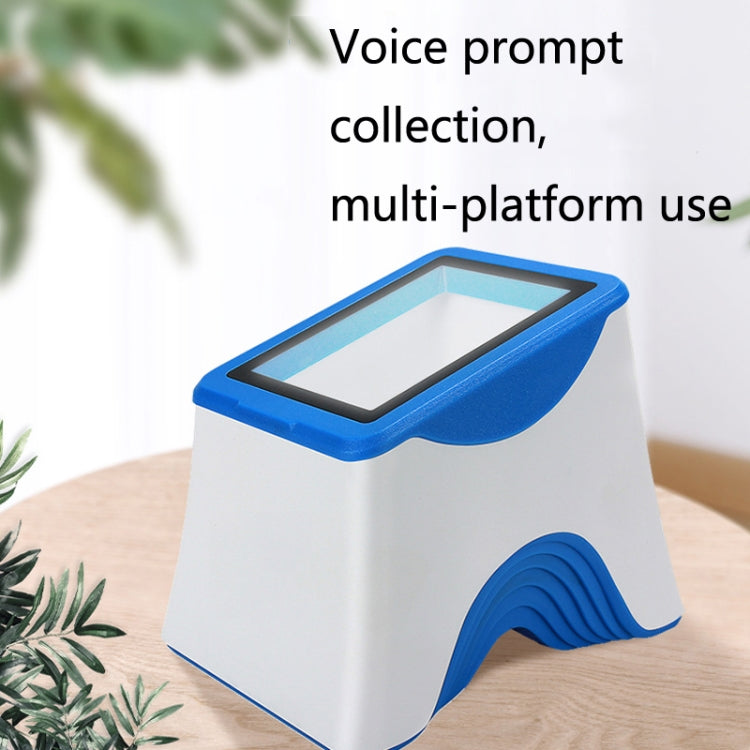 White QR code scanning box with blue top frame and front hand rest cutout