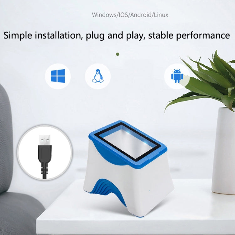 White QR code scanning box with blue top window and front hand rest