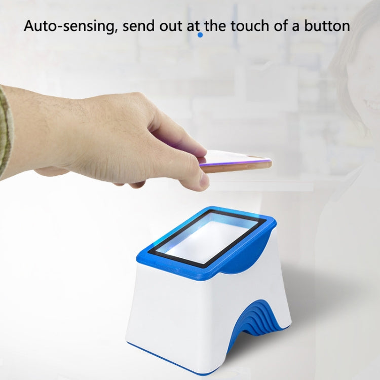 White and blue QR code scanning box with phone held for scanning