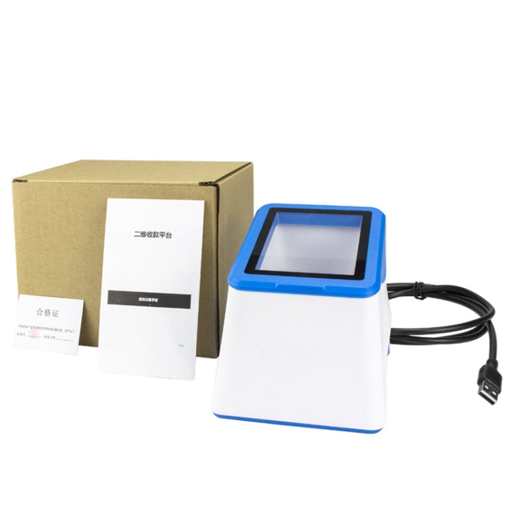 White QR code scanning box with blue trim, USB cable and retail packaging