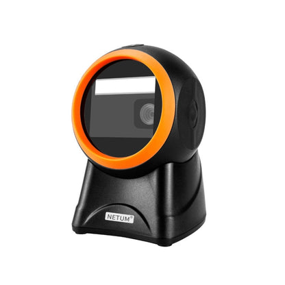 NETUM barcode QR desktop scanner with orange ring, black body, front window