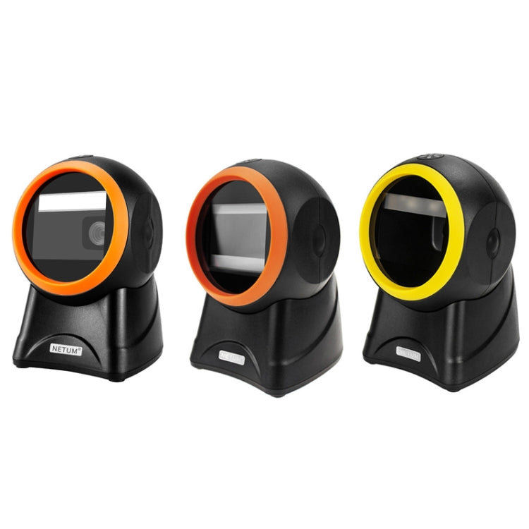NETUM desktop barcode QR scanners with orange and yellow rings on black bases (3 views)
