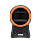 NETUM barcode QR desktop scanner with orange ring and black body, front close-up