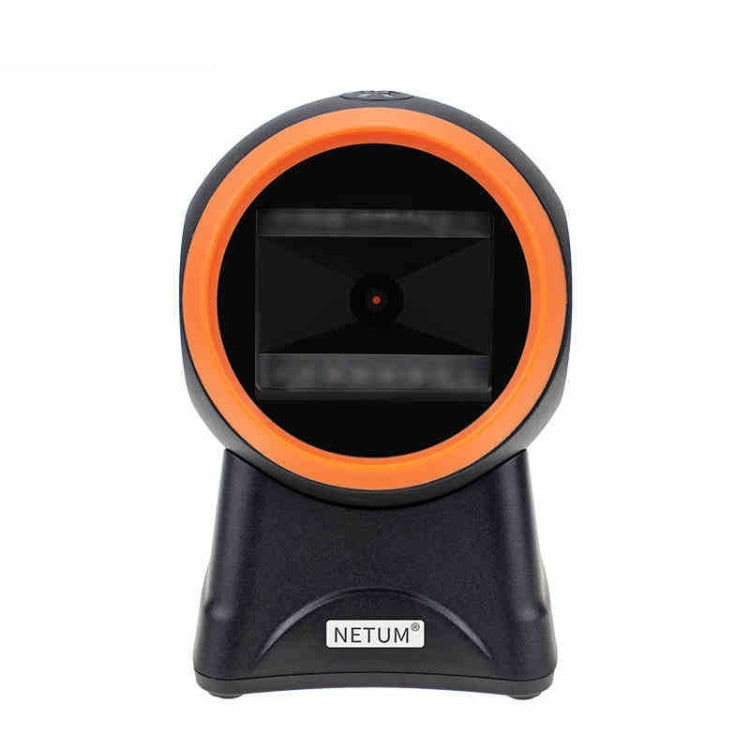 NETUM barcode QR desktop scanner with orange ring and black body, front close-up