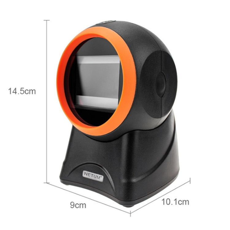 NETUM desktop barcode QR scanner with orange ring; 14.5 cm x 10.1 cm shown