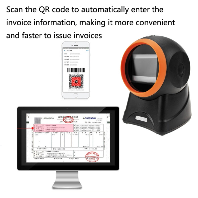 NETUM barcode QR desktop scanner with orange ring scanning a QR code for invoices