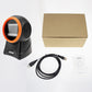 NETUM desktop barcode QR scanner kit with orange ring, cable, manual, and brown package box