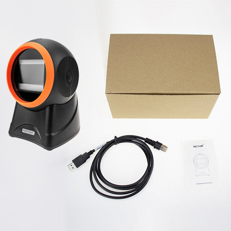 NETUM desktop barcode QR scanner kit with orange ring, cable, manual, and brown package box