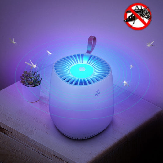 White indoor mosquito killer lamp with glowing blue top grille
