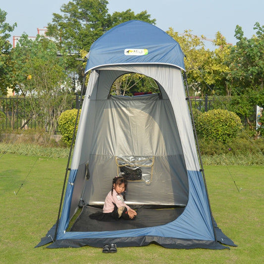 Blue and gray changing bath tent with front doorway and rainfly, 160x160x240cm.