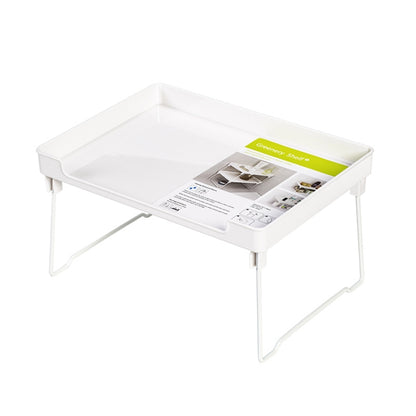 White foldable desktop storage rack with clear top panel and four folding legs