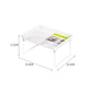 White desktop storage rack with clear top and folding legs; 31.3 x 22.3 cm