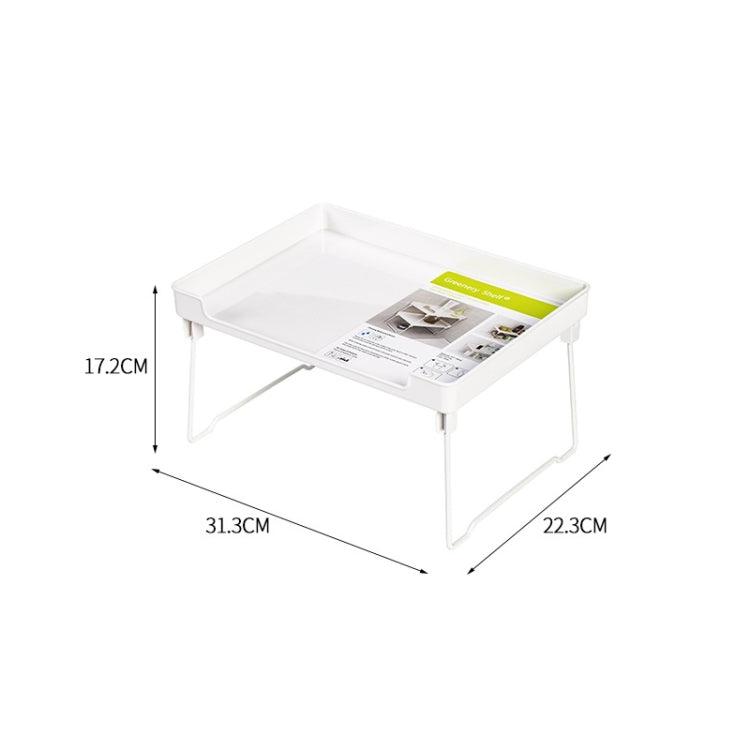 White desktop storage rack with clear top and folding legs; 31.3 x 22.3 cm