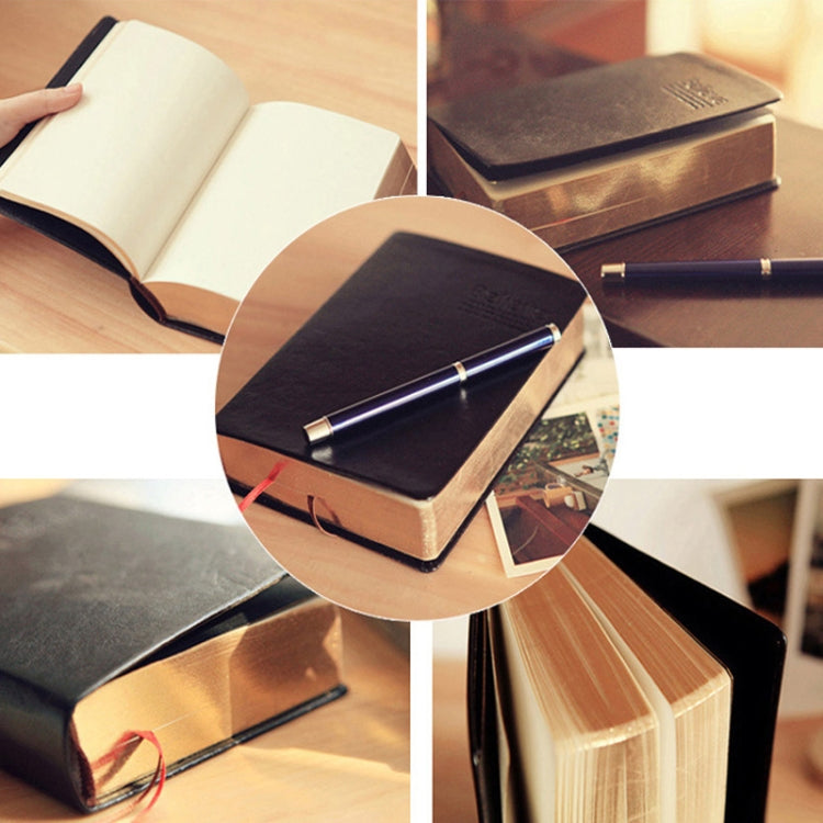 A5 diary notebook opened flat with built-in bookmark ribbon and pen