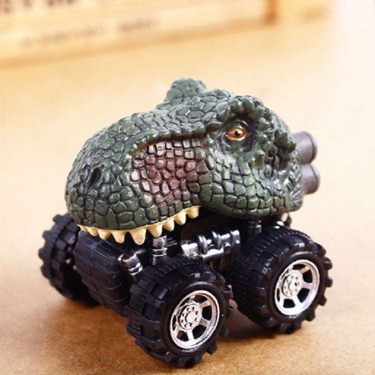 Green dinosaur pull-back toy car, textured body, black wheels, silver details and white teeth