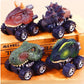 Assorted dinosaur pull-back toy cars with green, brown, and red bodies; black monster wheels