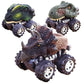 Assorted dinosaur pull-back toy cars: green and brown bodies with black tires and silver wheel hubs