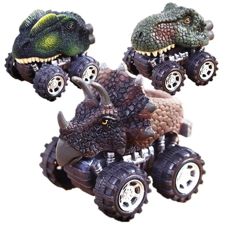 Assorted dinosaur pull-back toy cars: green and brown bodies with black tires and silver wheel hubs