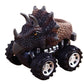 Brown horned dinosaur pull-back toy car with textured body and black monster wheels