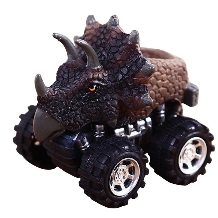 Brown horned dinosaur pull-back toy car with textured body and black monster wheels