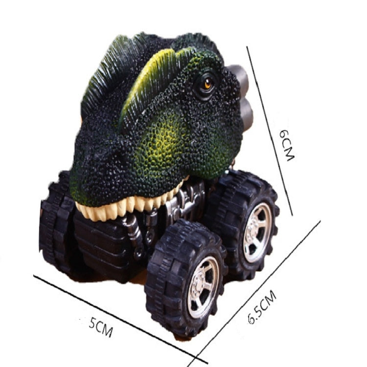 Green dinosaur pull-back toy car with size labels (5cm x 6.5cm x 6cm)