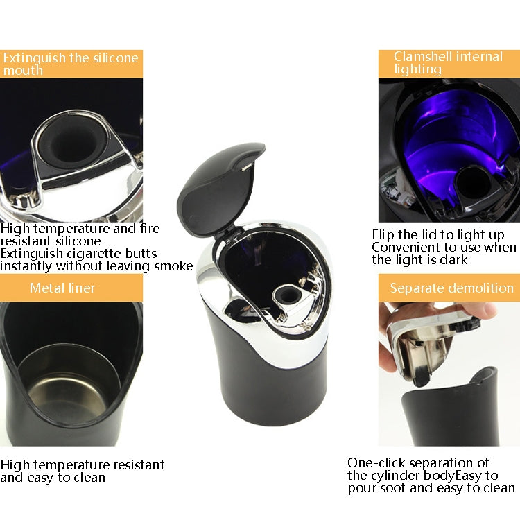 Mini car ashtray and cover with built-in lamp, chrome inner cup