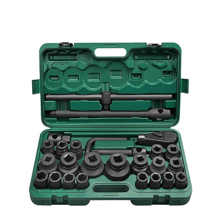 Hex socket wrench set in green plastic case with assorted sockets and ratchet rod