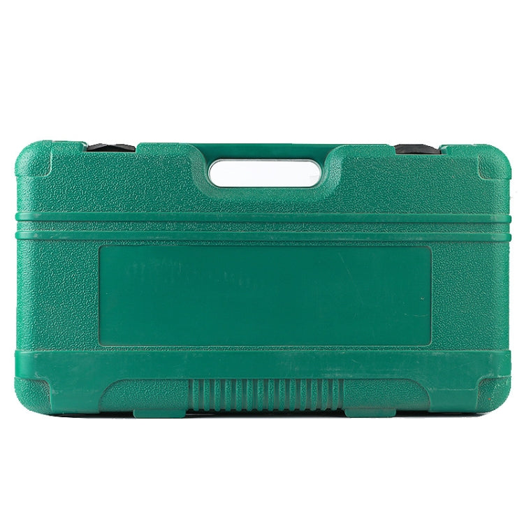 Green plastic tool case for hex socket wrench set with carry handle cutout
