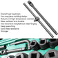 Black extension bars and socket ends arranged on green tool case
