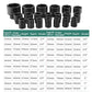 Black deep hex socket set with printed size labels on background