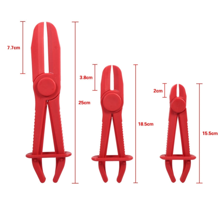 Red nylon hose clamp pliers shown in three views with size markers