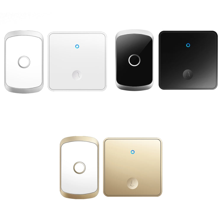 Self-generating wireless doorbell kit with button and receiver in white, black, and gold