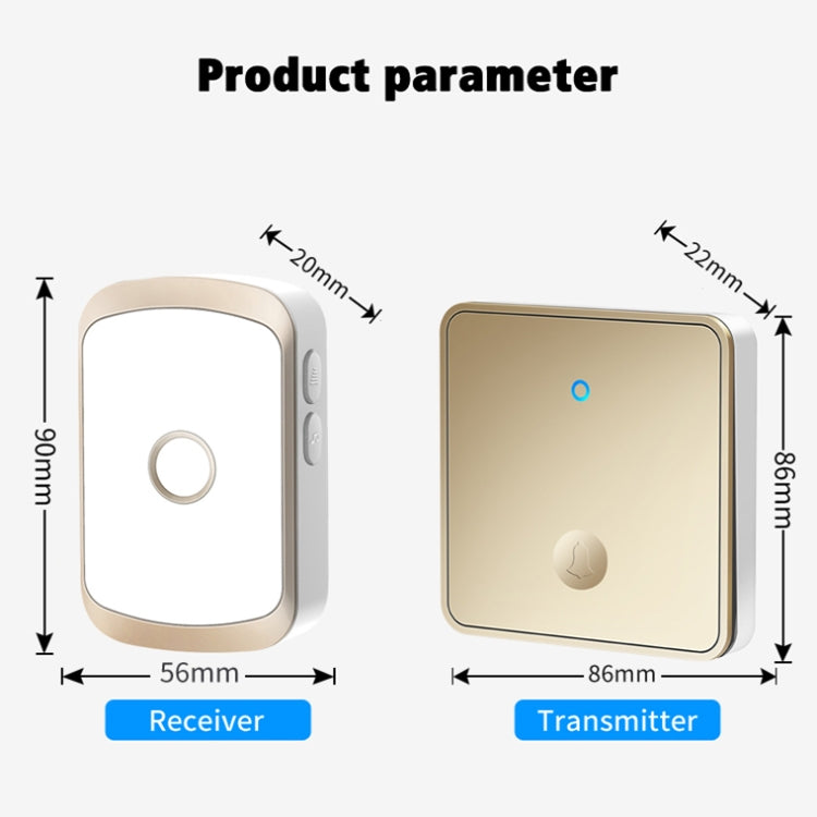 Wireless self-generating doorbell receiver and transmitter units, gold-tone, button design