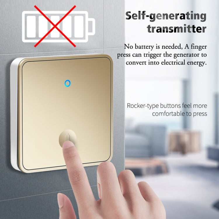 Self-generating wireless doorbell transmitter in gold-tone, finger pressing rocker button