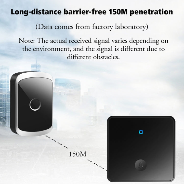 Self-generating wireless doorbell transmitter and receiver, black design with 150M range icon