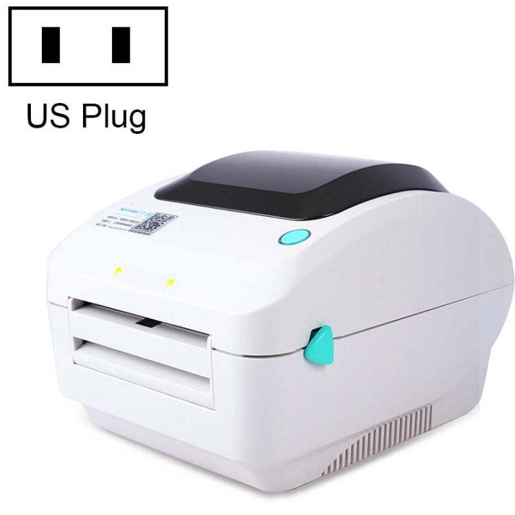White thermal label printer with USB port, US plug, top cover and label feed slot visible.