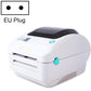 White thermal label printer with USB port, EU plug, top cover and label feed slot visible.