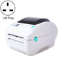 White thermal label printer with USB port, UK plug, top cover and label feed slot visible.