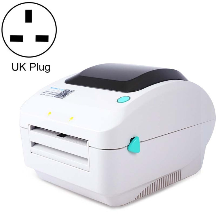 White thermal label printer with USB port, UK plug, top cover and label feed slot visible.