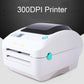 White thermal label printer with black top, turquoise button, and front label feed slot visible.