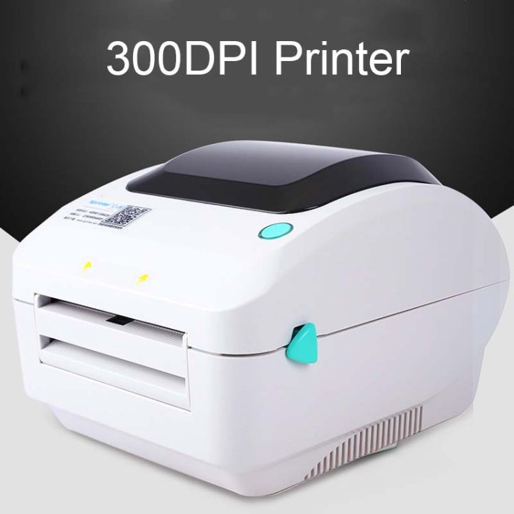 White thermal label printer with black top, turquoise button, and front label feed slot visible.