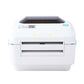 Front view of white thermal label printer with open feed slot and turquoise status button visible.
