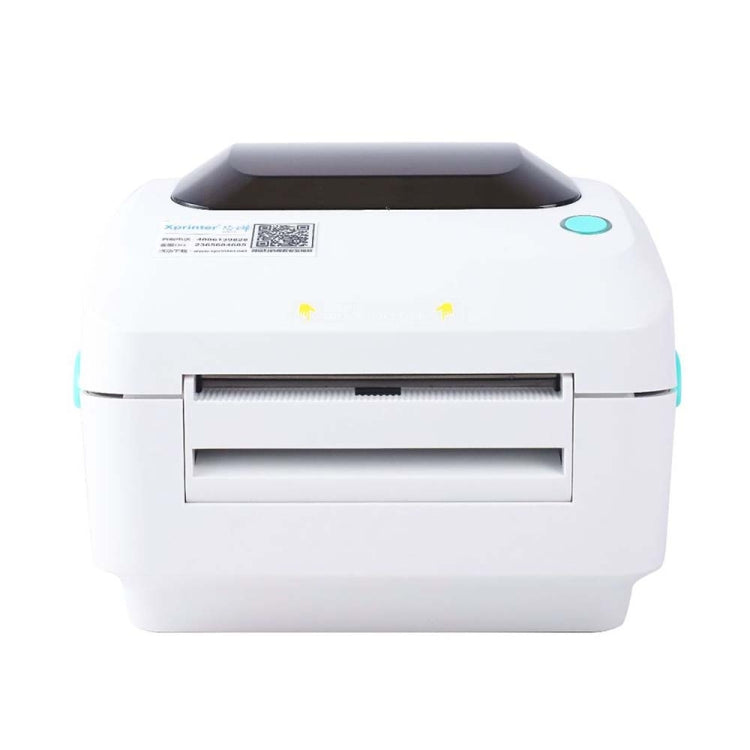 Front view of white thermal label printer with open feed slot and turquoise status button visible.