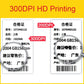Printed thermal label samples with barcodes and DPI marking, showing label printing quality.