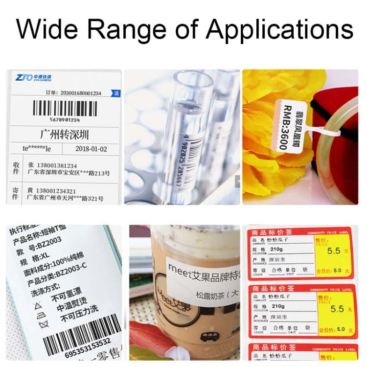 Thermal label examples on packages, bottles, and documents, showing versatile label output.