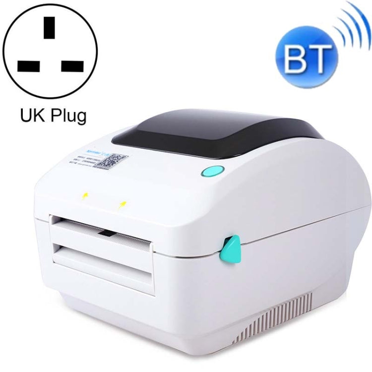 White thermal label printer with USB and Bluetooth, UK plug, top cover and feed slot visible.