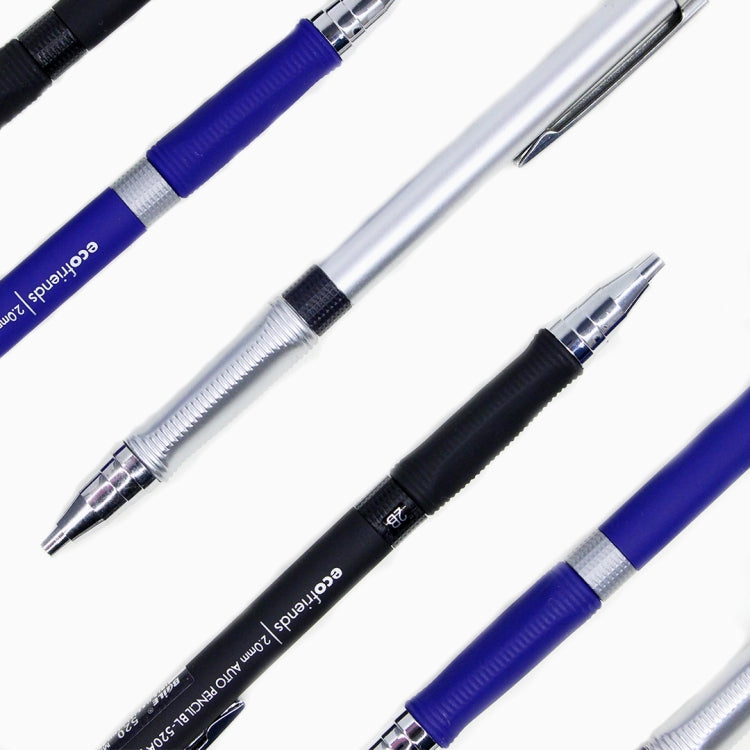 Close-up of blue, black, and silver automatic pencils with metal push-out tips