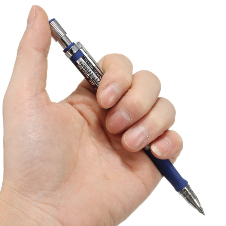 Blue automatic mechanical pencil held in hand with metal push-out lead tip